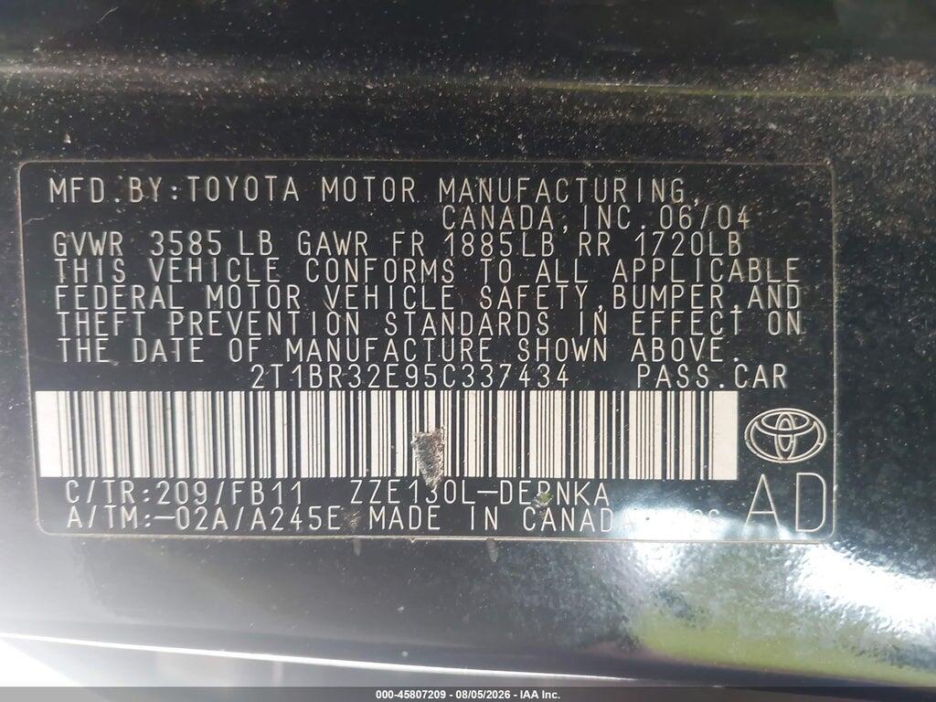 2T1BR32E95C337434 2005 TOYOTA COROLLA photo no. 9