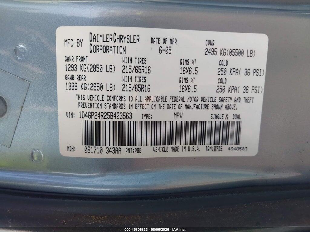 1D4GP24R25B423563 2005 DODGE GRAND CARAVAN photo no. 9