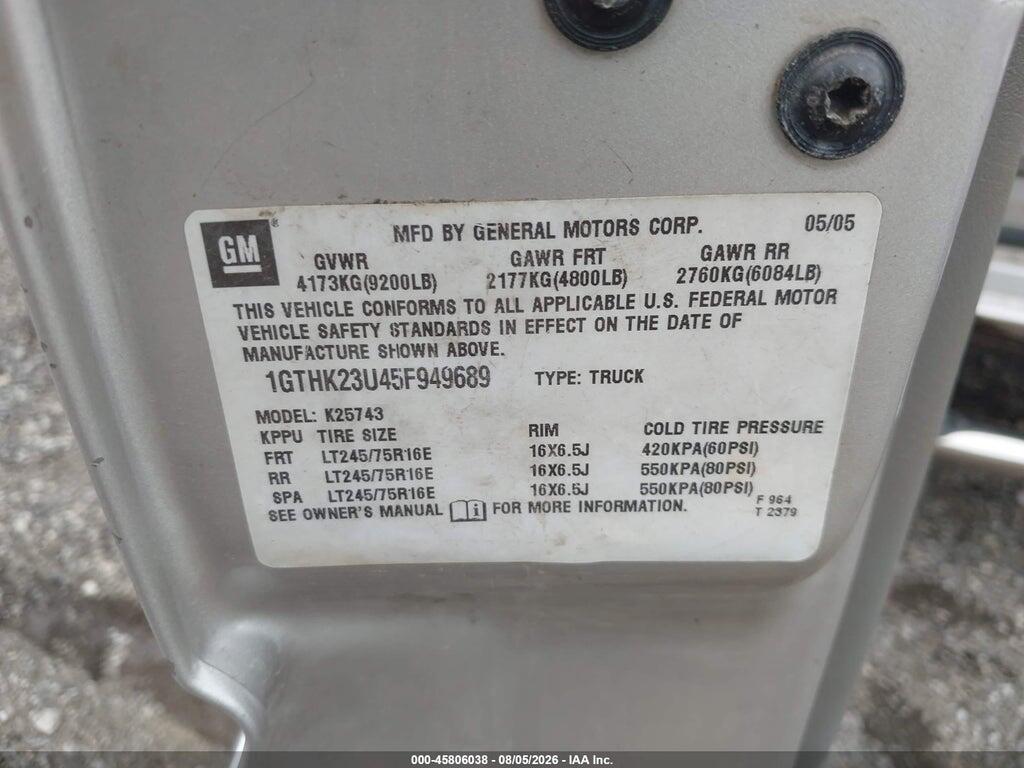 1GTHK23U45F949689 2005 GMC SIERRA 2500HD photo no. 9