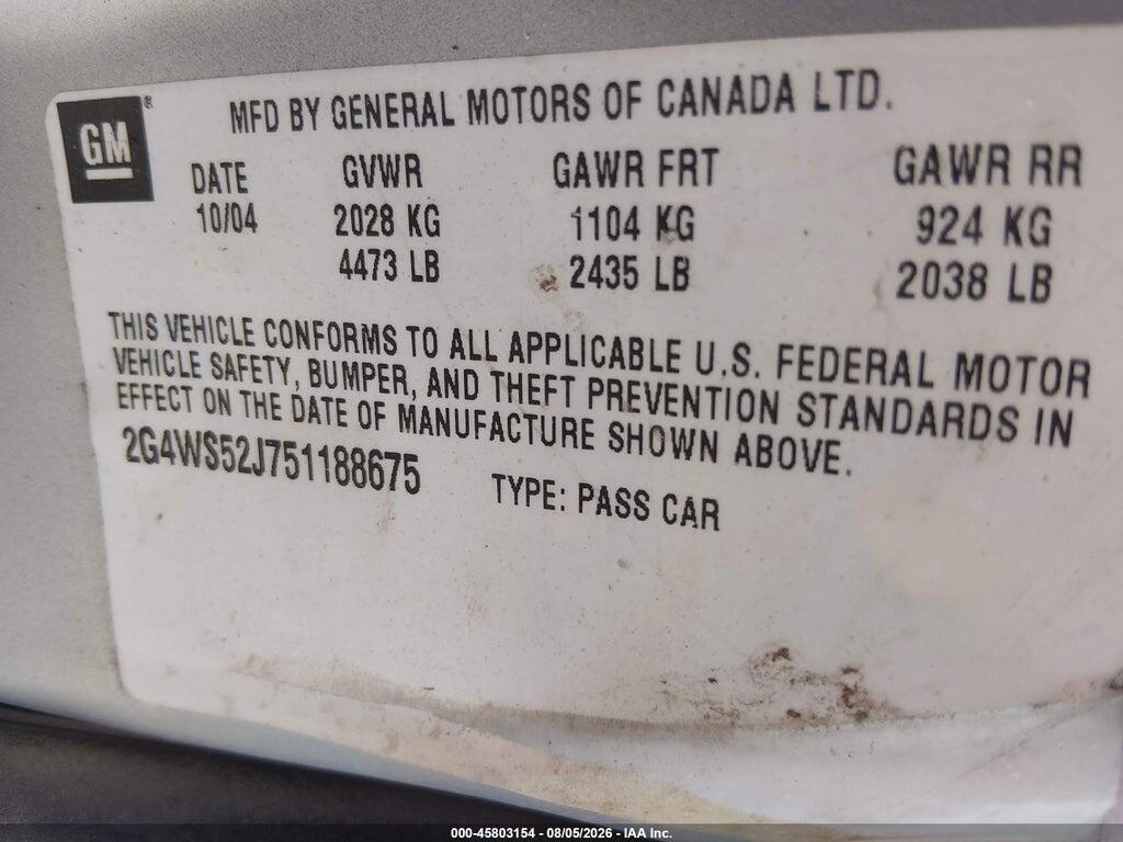 2G4WS52J751188675 2005 BUICK CENTURY photo no. 9
