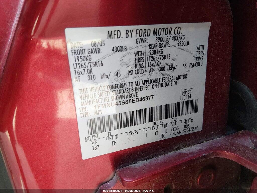 1FMNU45S85ED46377 2005 FORD EXCURSION photo no. 9