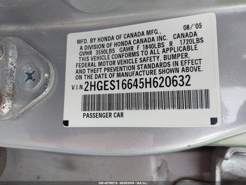 2HGES16645H620632 2005 HONDA CIVIC photo no. 9