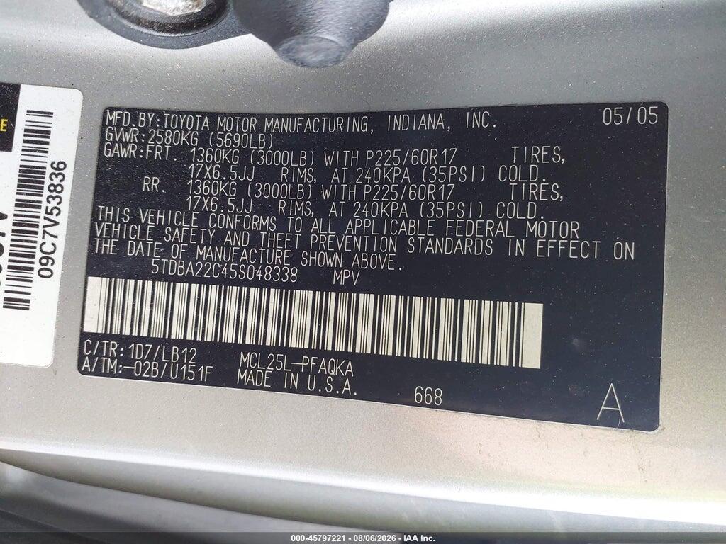 5TDBA22C45S048338 2005 TOYOTA SIENNA photo no. 9