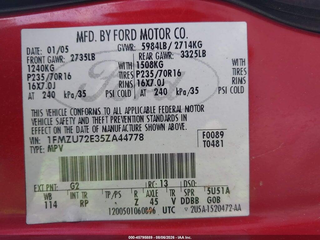 1FMZU72E35ZA44778 2005 FORD EXPLORER photo no. 9