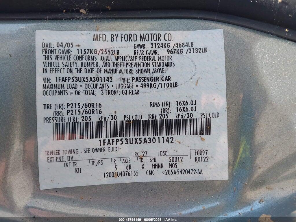 1FAFP53UX5A301142 2005 FORD TAURUS photo no. 9