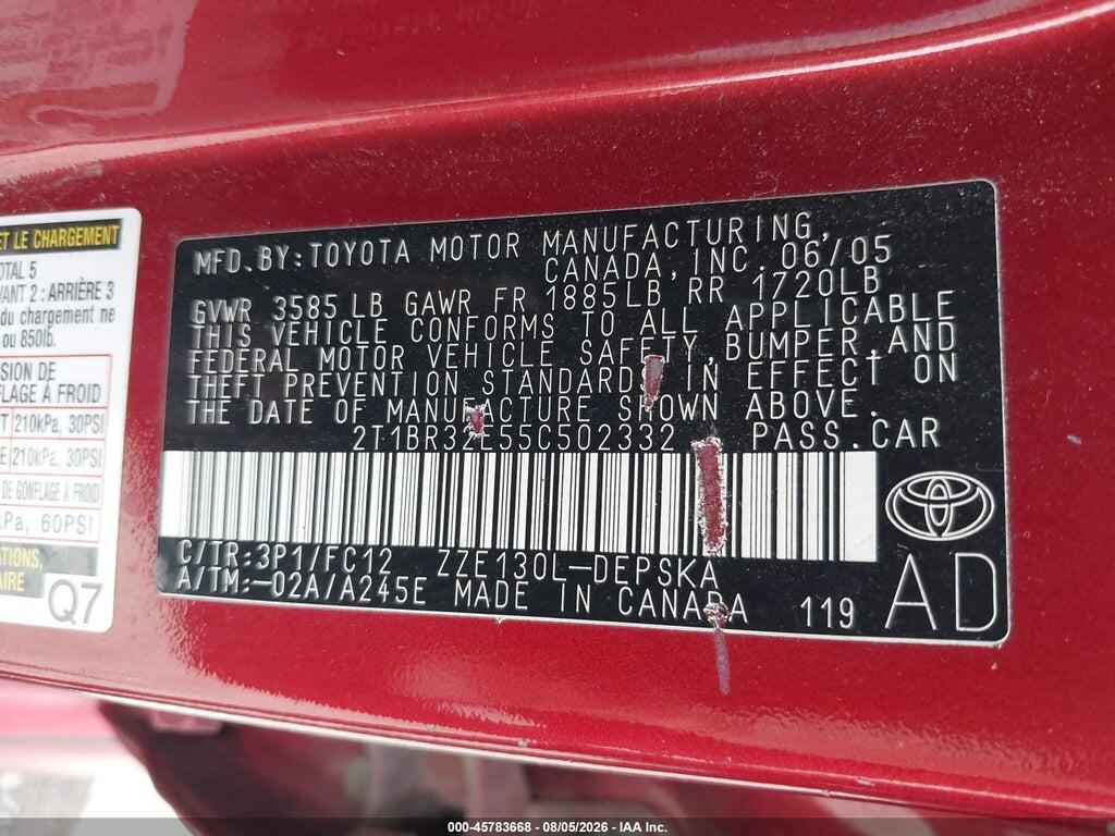 2T1BR32E55C502332 2005 TOYOTA COROLLA photo no. 9