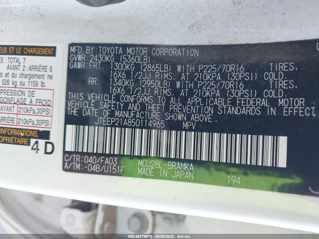 JTEEP21A850114965 2005 TOYOTA HIGHLANDER photo no. 9