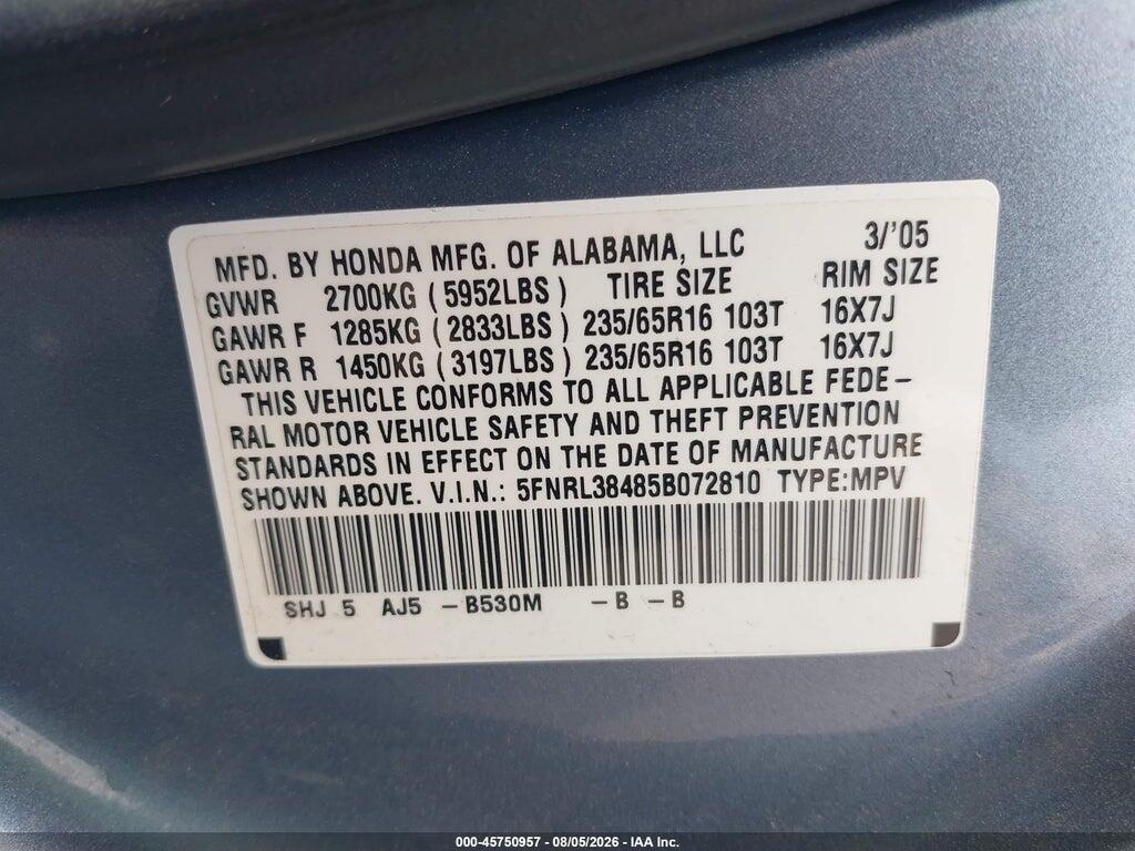 5FNRL38485B072810 2005 HONDA ODYSSEY photo no. 9