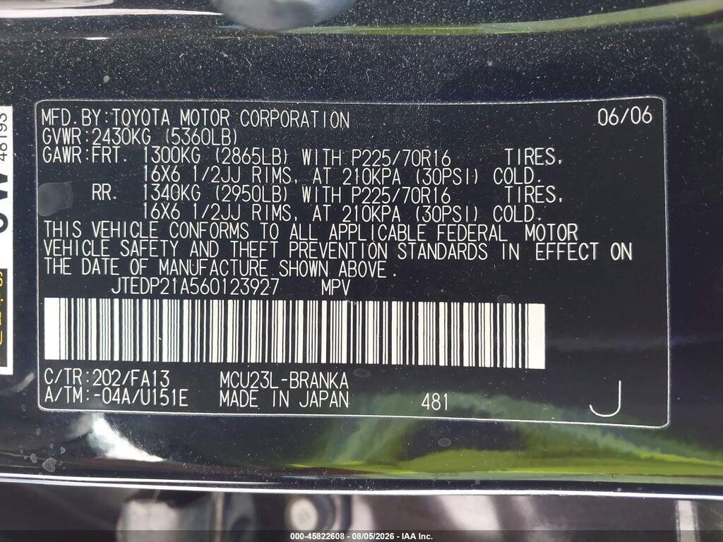 JTEDP21A560123927 2006 TOYOTA HIGHLANDER photo no. 9