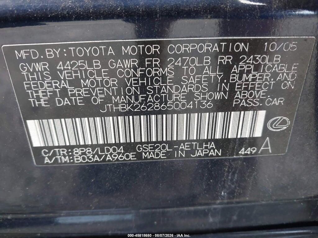 JTHBK262865004136 2006 LEXUS IS 250 photo no. 9