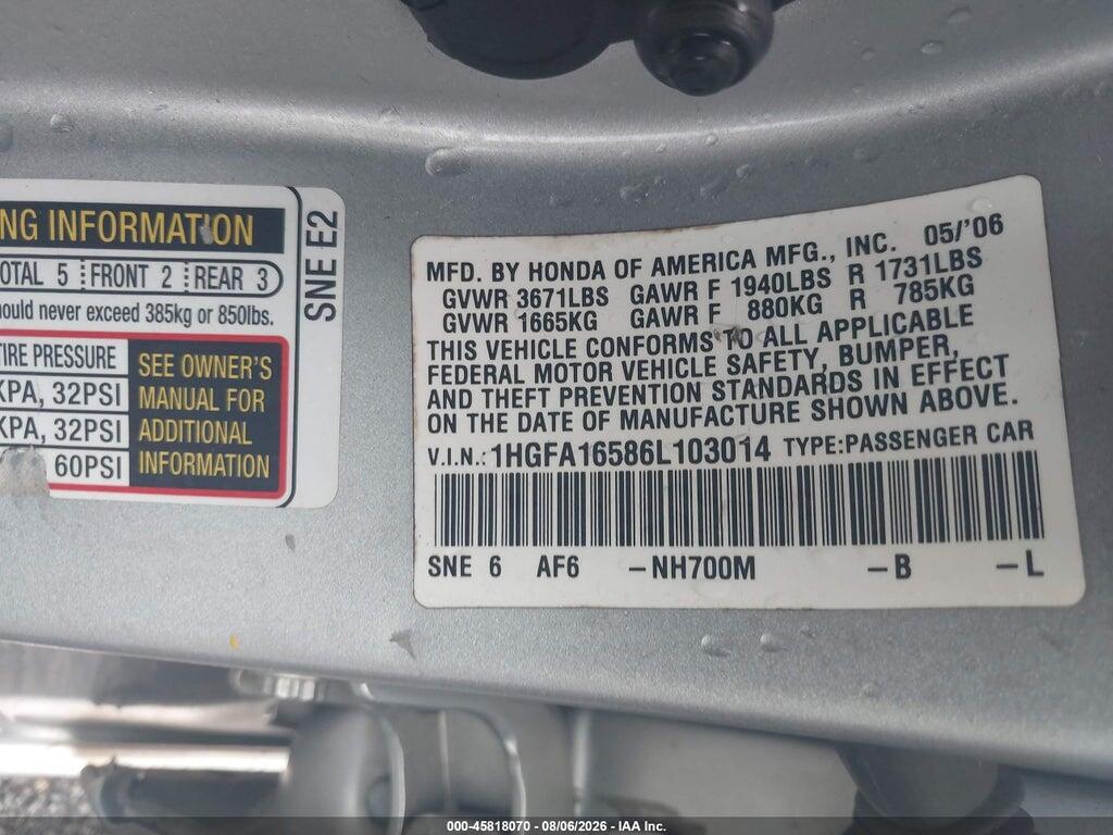 1HGFA16586L103014 2006 HONDA CIVIC photo no. 9