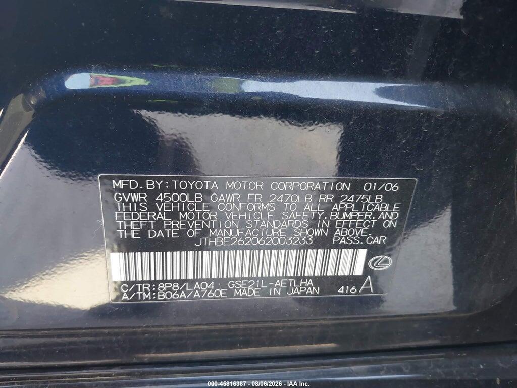 JTHBE262062003233 2006 LEXUS IS 350 photo no. 9