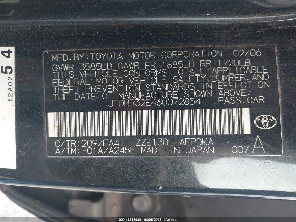 JTDBR32E460072854 2006 TOYOTA COROLLA photo no. 9