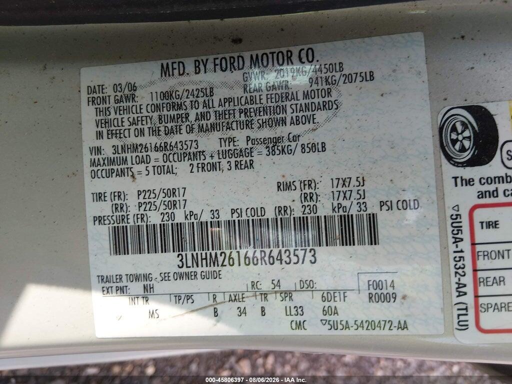 3LNHM26166R643573 2006 LINCOLN ZEPHYR photo no. 9