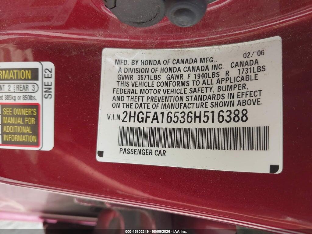 2HGFA16536H516388 2006 HONDA CIVIC photo no. 9