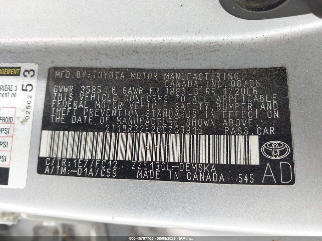 2T1BR32E26C703915 2006 TOYOTA COROLLA photo no. 9
