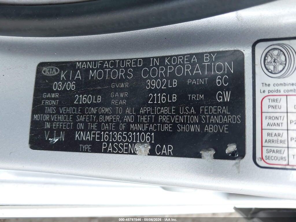 KNAFE161365311061 2006 KIA SPECTRA5 photo no. 9