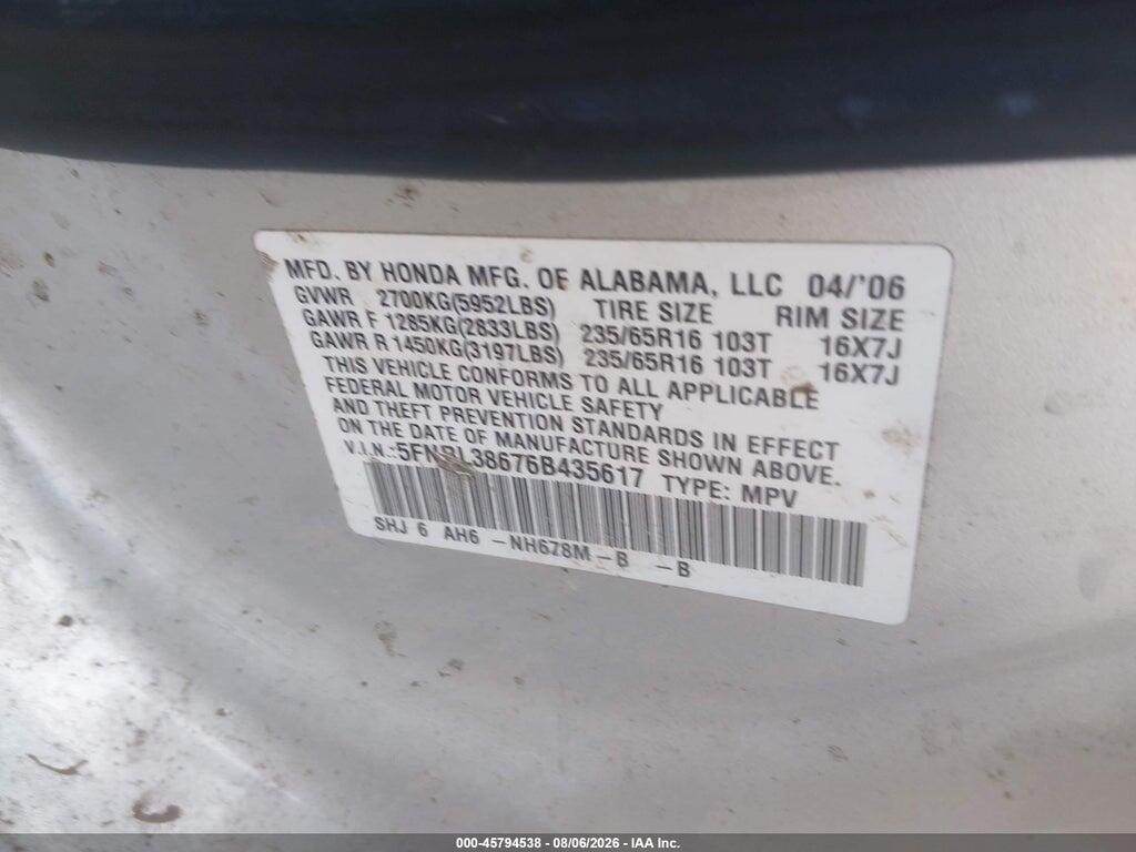 5FNRL38676B435617 2006 HONDA ODYSSEY photo no. 9