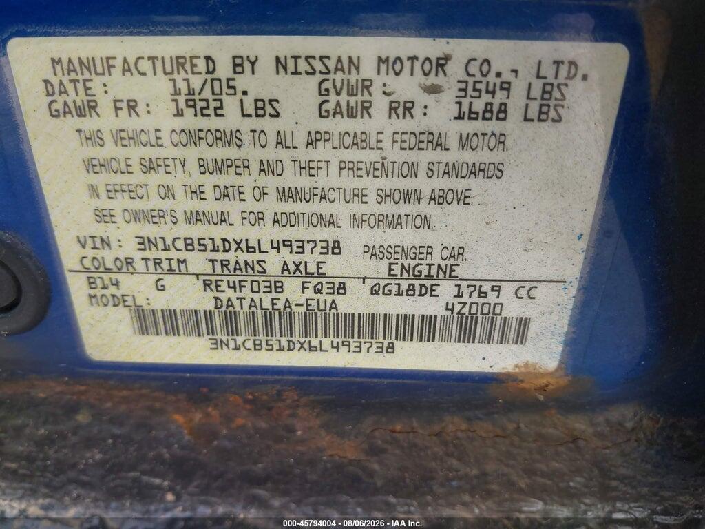 3N1CB51DX6L493738 2006 NISSAN SENTRA photo no. 9