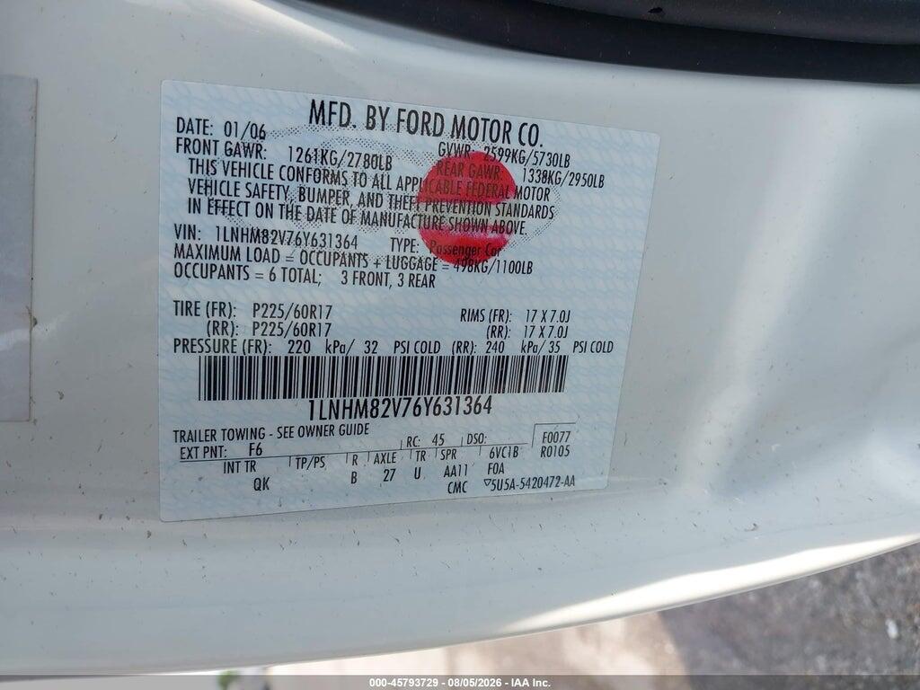 1LNHM82V76Y631364 2006 LINCOLN TOWN CAR photo no. 9