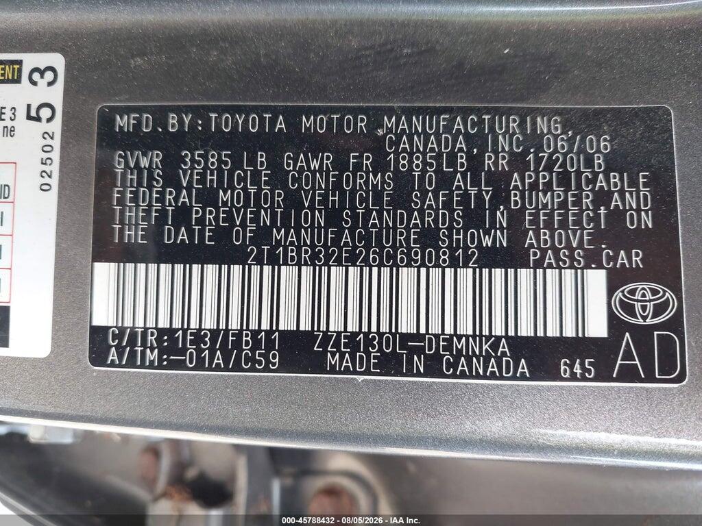 2T1BR32E26C690812 2006 TOYOTA COROLLA photo no. 9