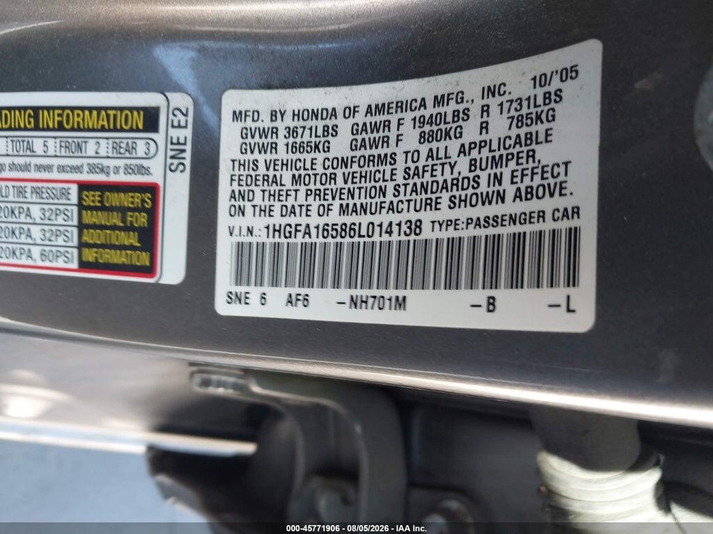 1HGFA16586L014138 2006 HONDA CIVIC photo no. 9
