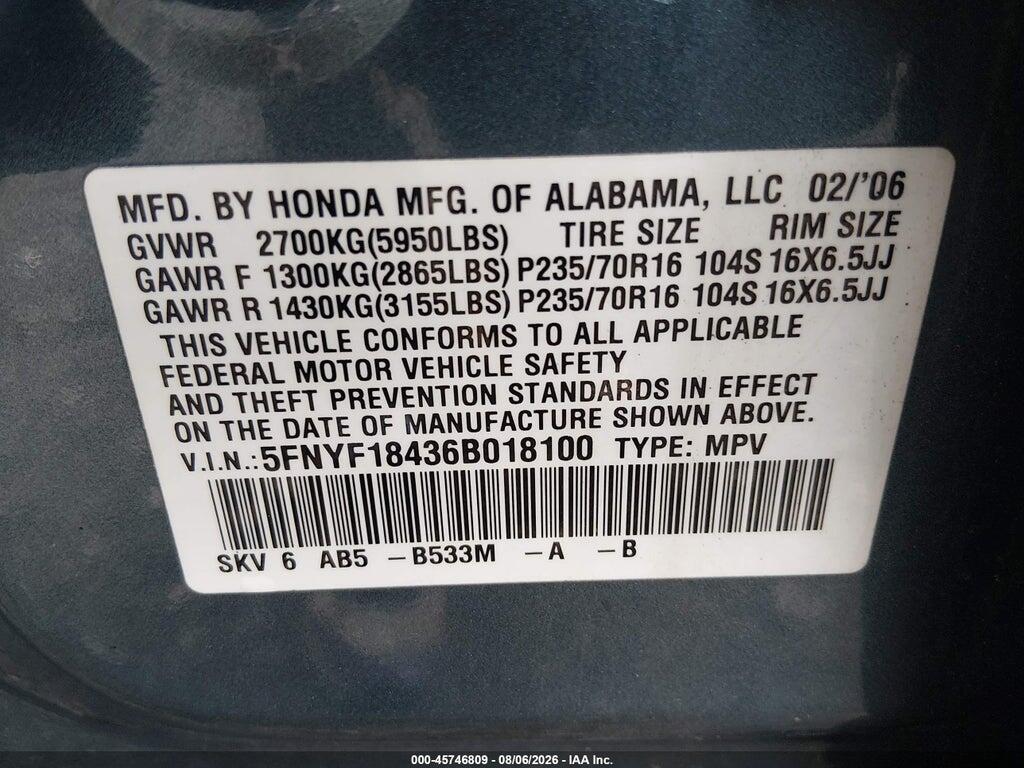 5FNYF18436B018100 2006 HONDA PILOT photo no. 9