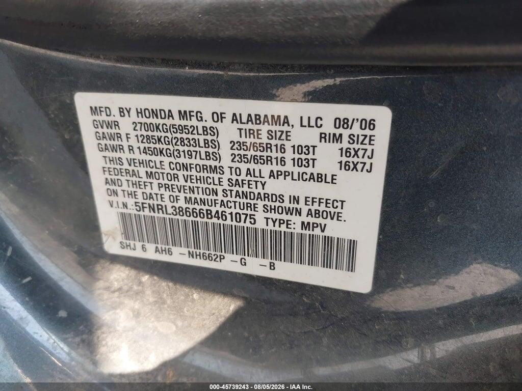 5FNRL38666B461075 2006 HONDA ODYSSEY photo no. 9