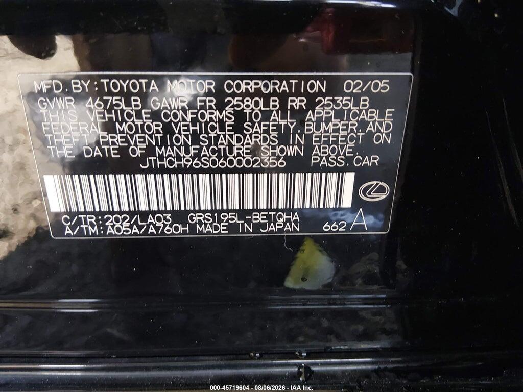 JTHCH96S060002356 2006 LEXUS GS 300 photo no. 9