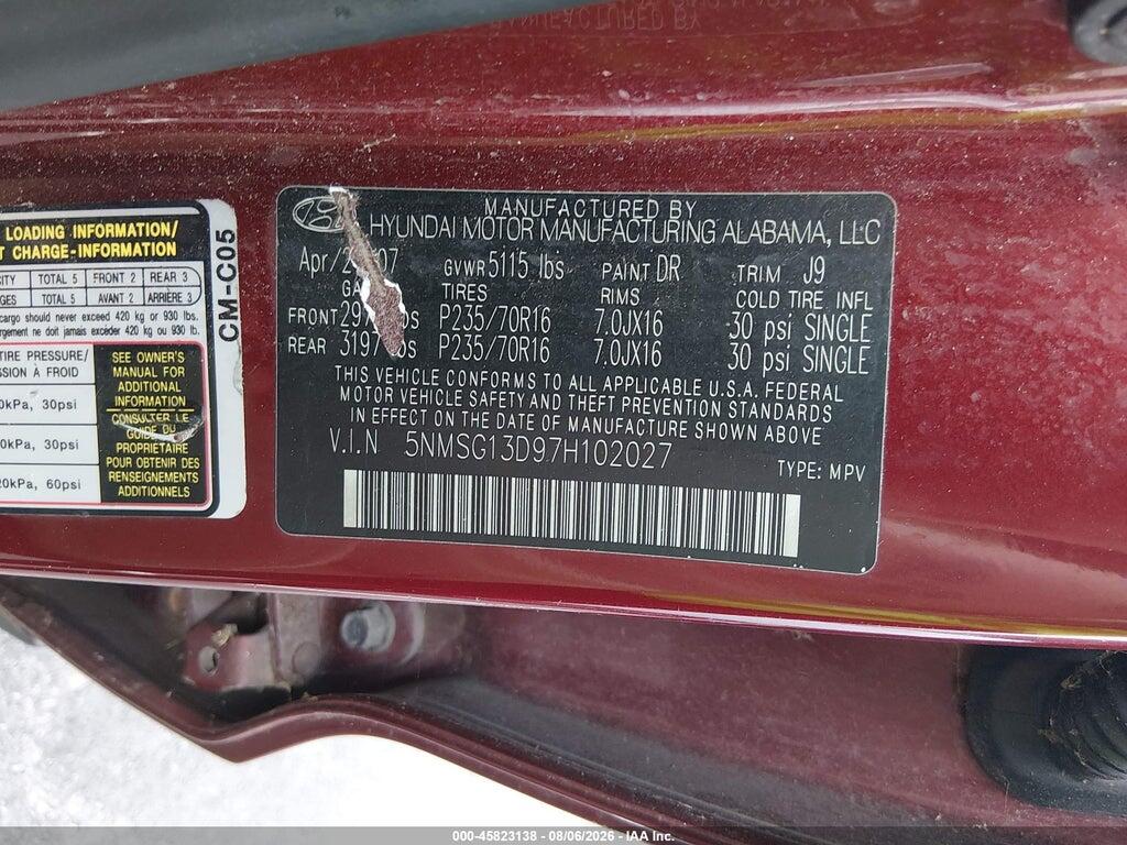 5NMSG13D97H102027 2007 HYUNDAI SANTA FE photo no. 9