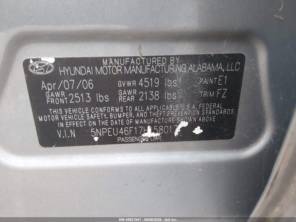 5NPEU46F17H158017 2007 HYUNDAI SONATA photo no. 9