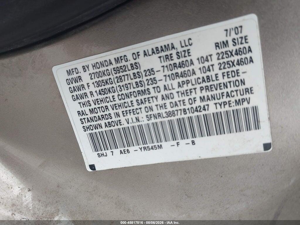 5FNRL38877B104247 2007 HONDA ODYSSEY photo no. 9