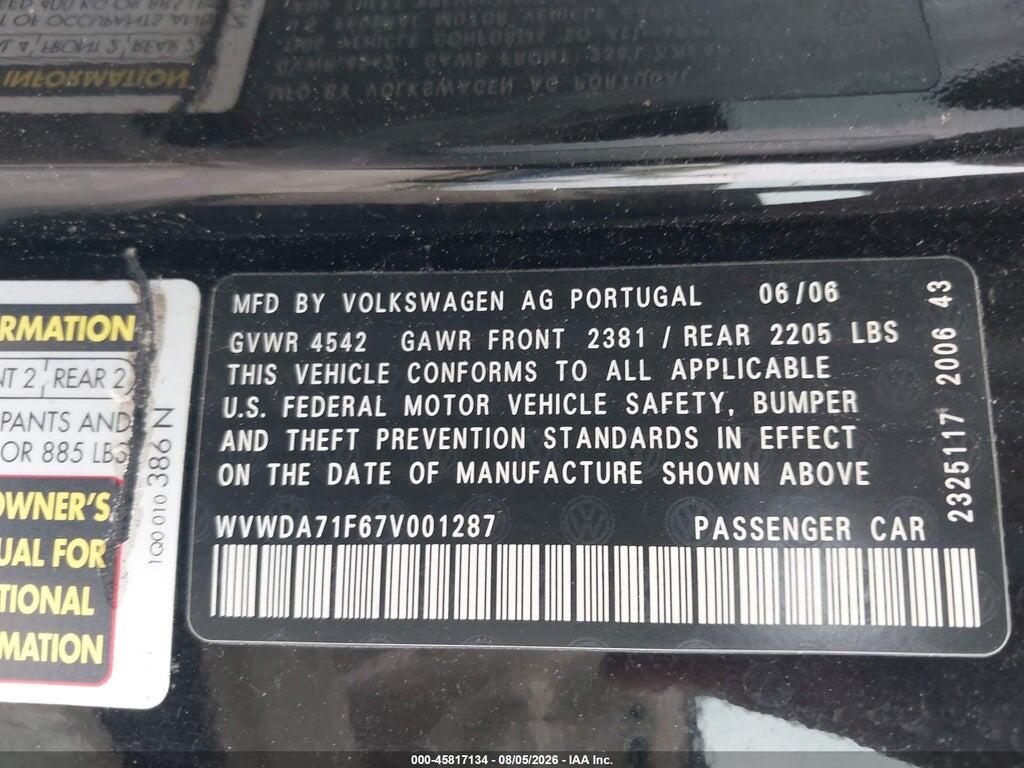 WVWDA71F67V001287 2007 VOLKSWAGEN EOS photo no. 9