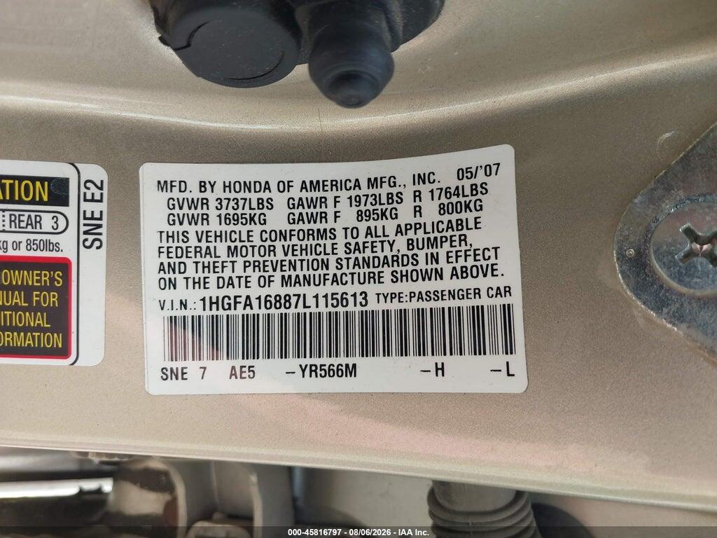 1HGFA16887L115613 2007 HONDA CIVIC photo no. 9