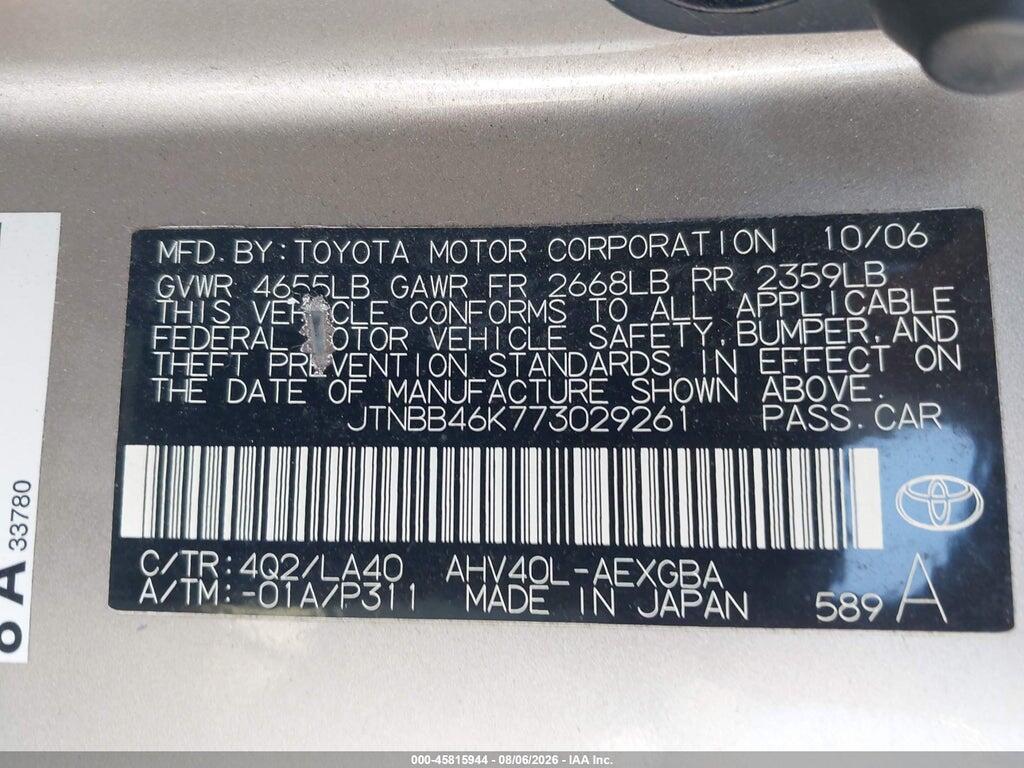 JTNBB46K773029261 2007 TOYOTA CAMRY HYBRID photo no. 9