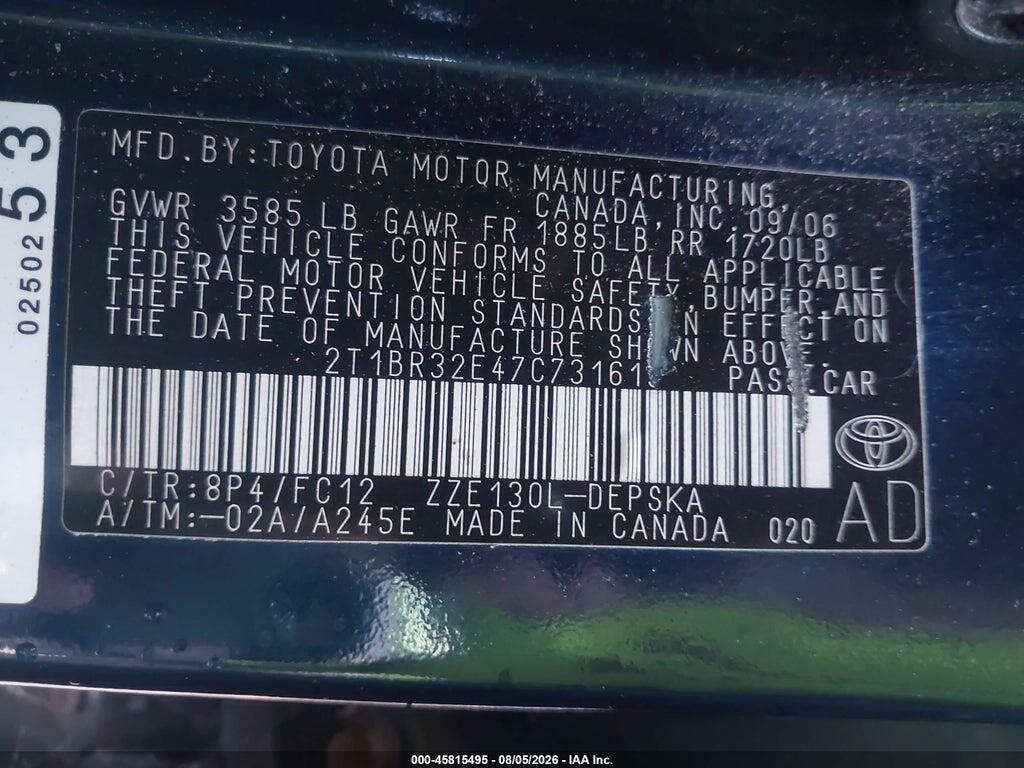 2T1BR32E47C731619 2007 TOYOTA COROLLA photo no. 9