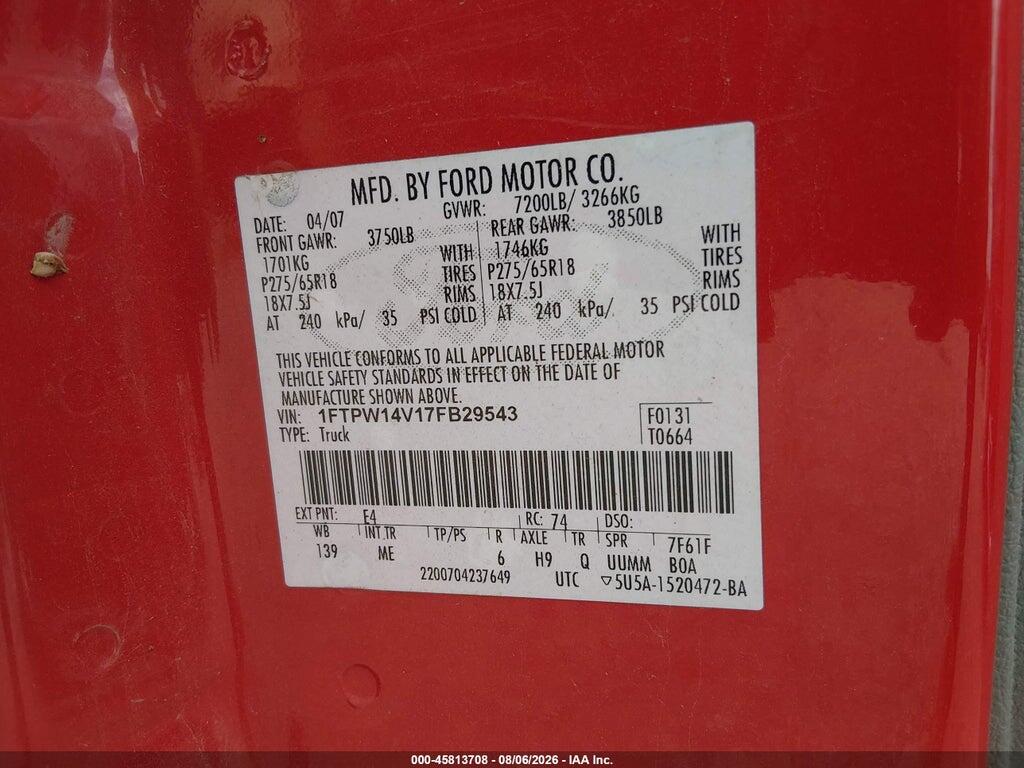 1FTPW14V17FB29543 2007 FORD F-150 photo no. 9