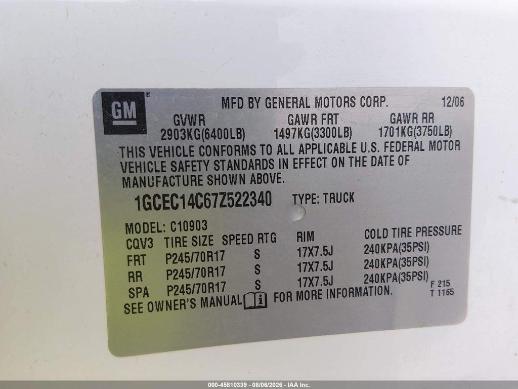 1GCEC14C67Z522340 2007 CHEVROLET SILVERADO 1500 photo no. 9