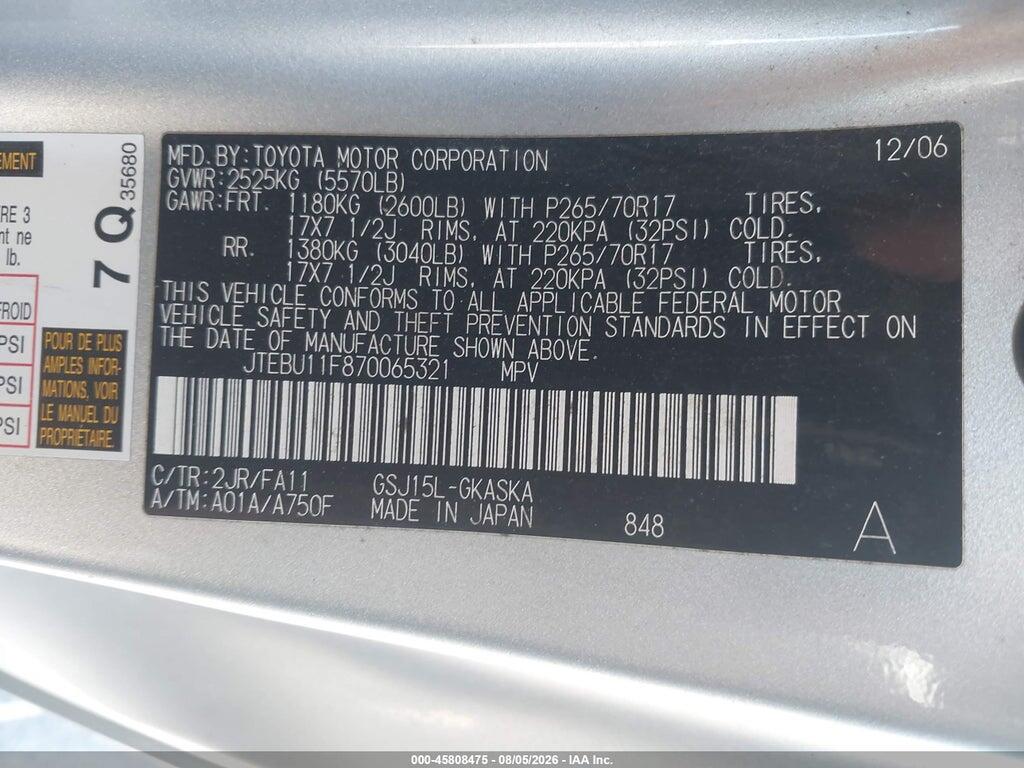 JTEBU11F870065321 2007 TOYOTA FJ CRUISER photo no. 9