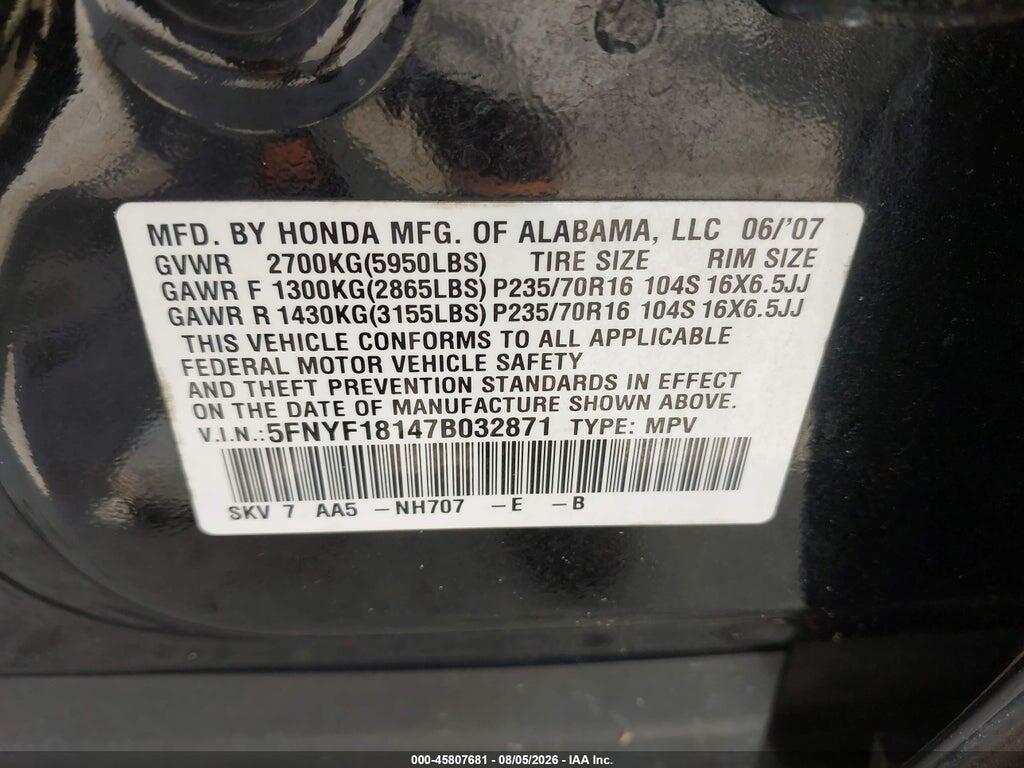 5FNYF18147B032871 2007 HONDA PILOT photo no. 9