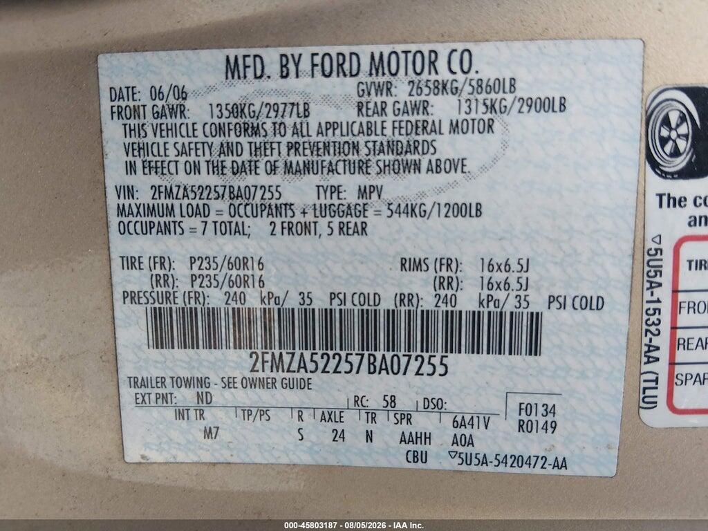 2FMZA52257BA07255 2007 FORD FREESTAR photo no. 9