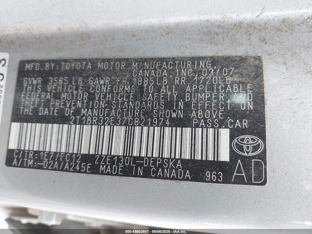 2T1BR32E37C821974 2007 TOYOTA COROLLA photo no. 9