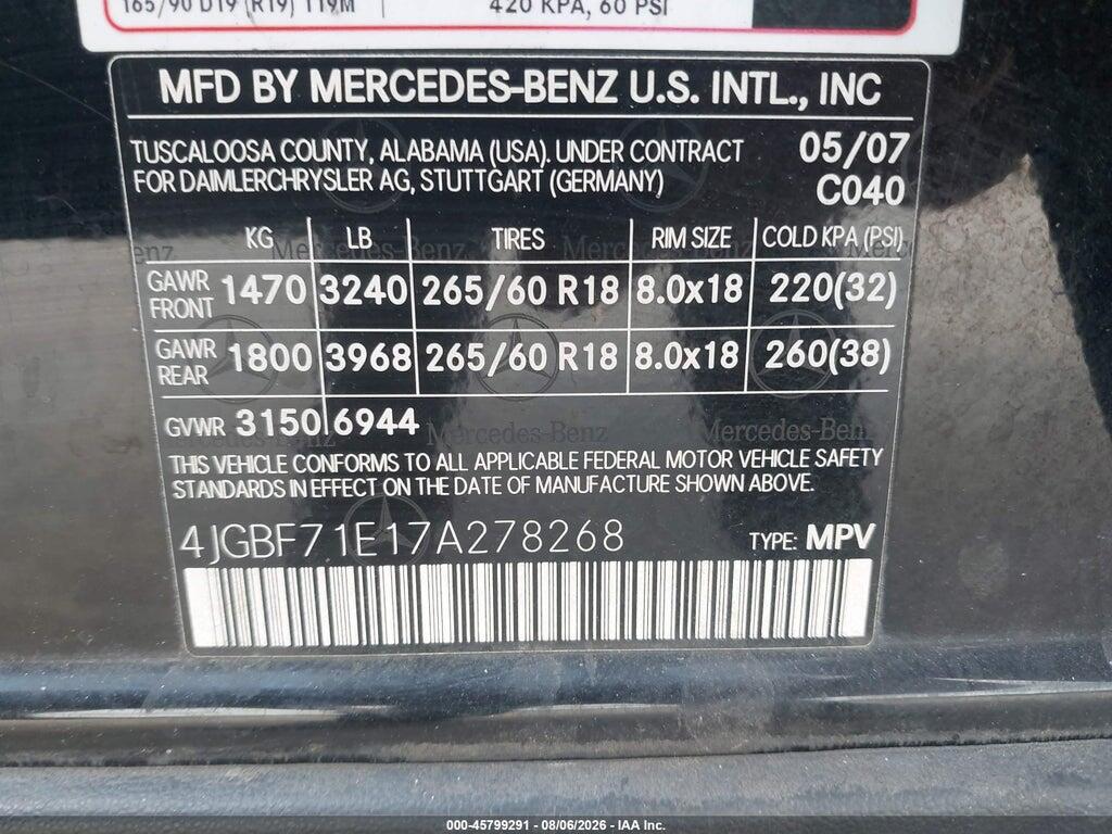 4JGBF71E17A278268 2007 MERCEDES-BENZ GL 450 photo no. 9