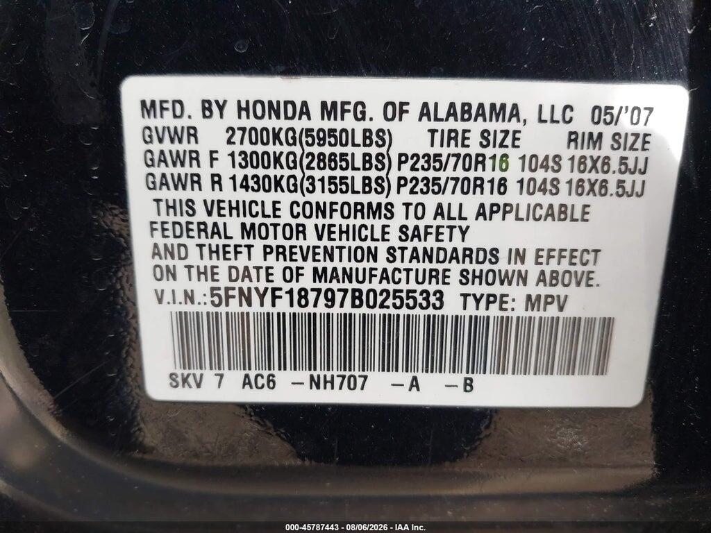5FNYF18797B025533 2007 HONDA PILOT photo no. 9