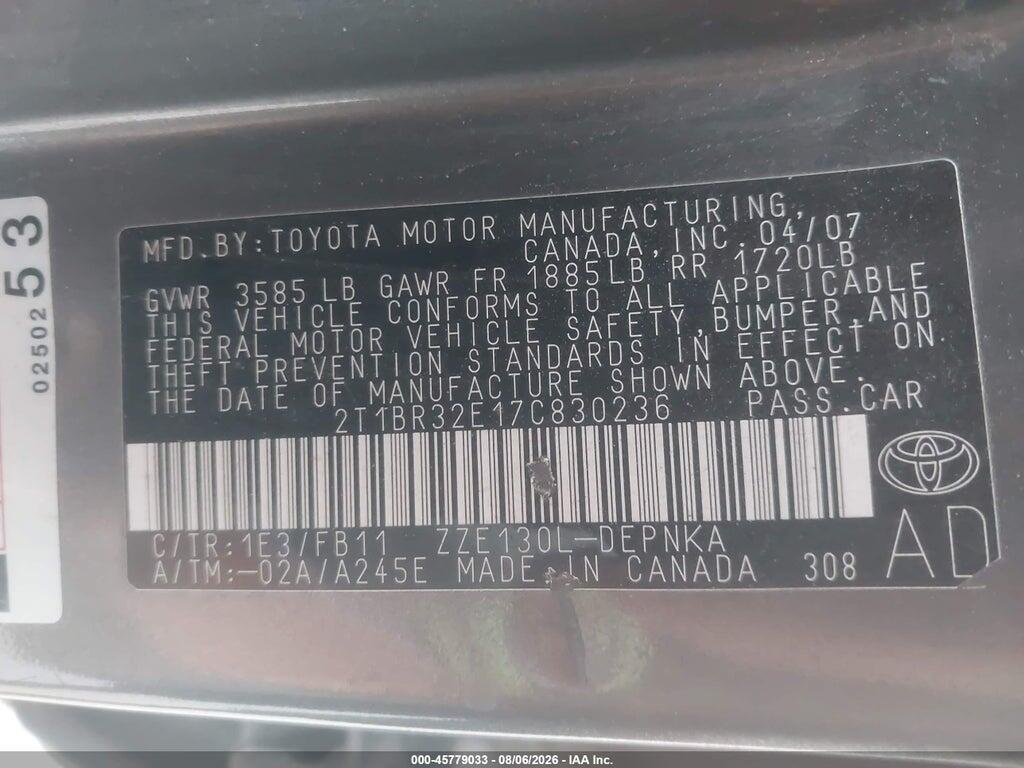 2T1BR32E17C830236 2007 TOYOTA COROLLA photo no. 9