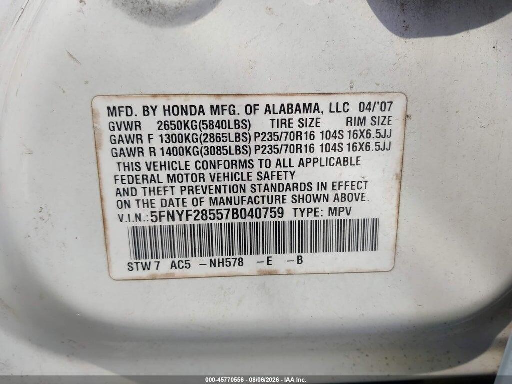 5FNYF28557B040759 2007 HONDA PILOT photo no. 9