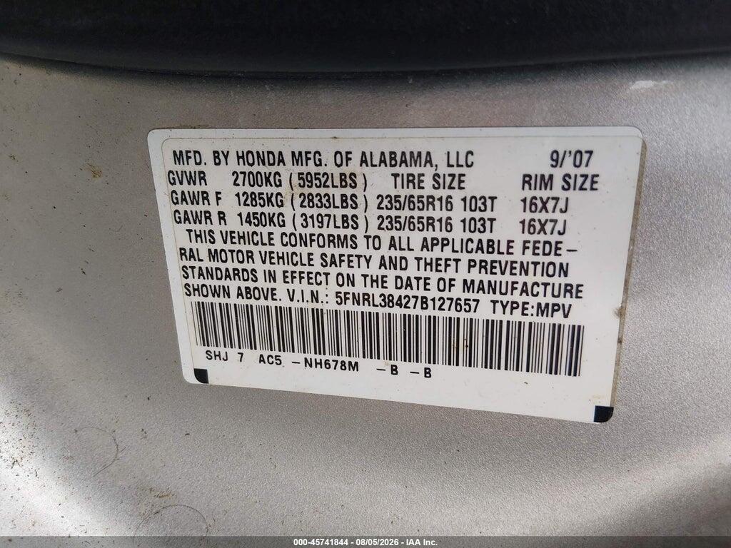 5FNRL38427B127657 2007 HONDA ODYSSEY photo no. 9
