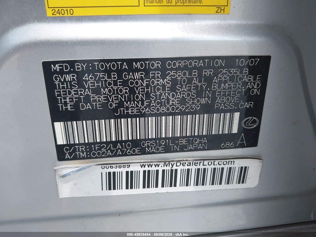 JTHBE96S080029239 2008 LEXUS GS 350 photo no. 9