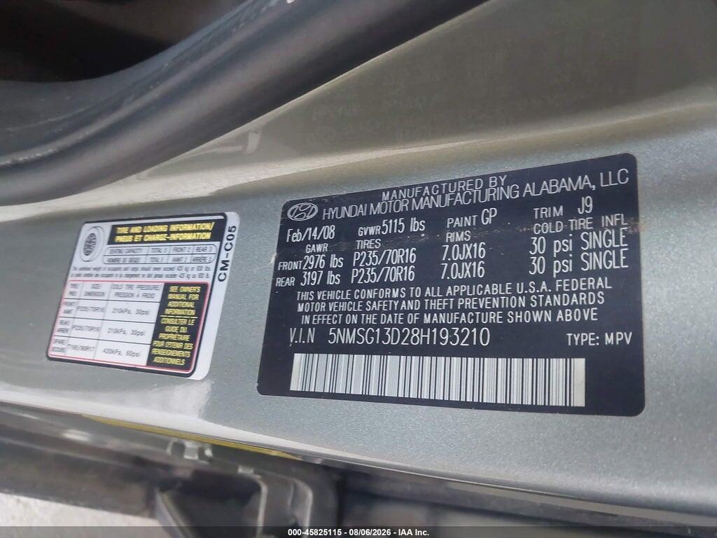 5NMSG13D28H193210 2008 HYUNDAI SANTA FE photo no. 9