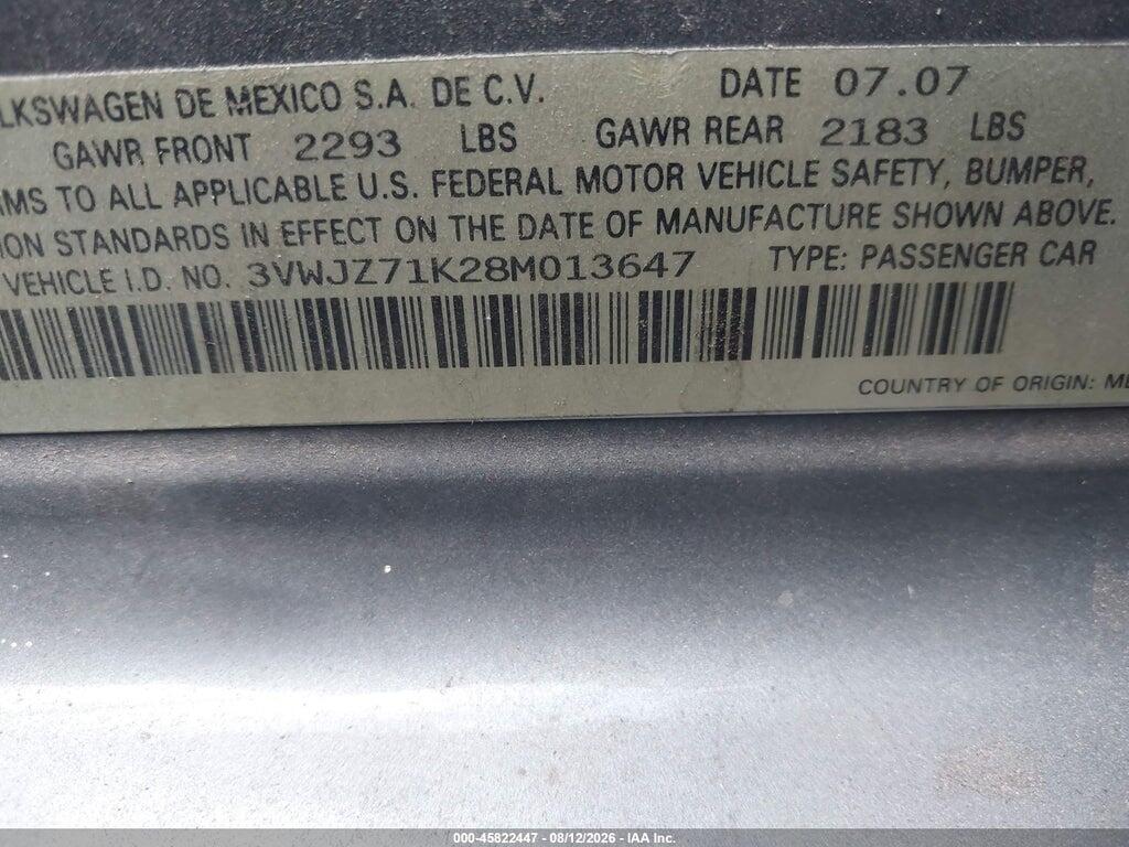 3VWJZ71K28M013647 2008 VOLKSWAGEN JETTA photo no. 9